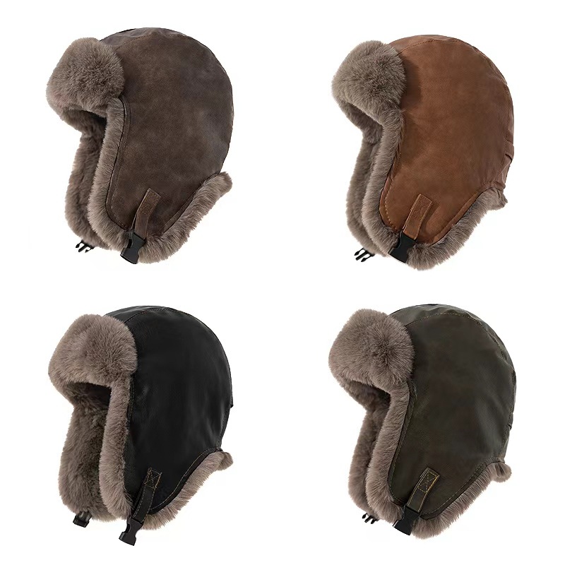 Winter Trapper Hat - หมวกหนังผู้ชายสไตล์เรโทรสำหรับฤดูหนาว 1 ชิ้น หมวกนักบิน หมวกทหาร พร้อมที่ปิดหู