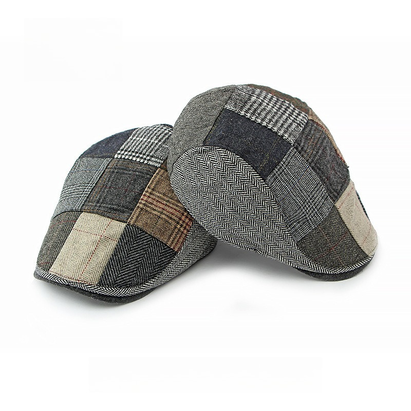 Newsboy Cap Ivy - หมวกแก๊ปทรงแบนลายตารางวินเทจสำหรับผู้ชาย 1 ชิ้น หมวกทรงนิวส์บอยลายตารางฮาร์เล็ต ขอบยางยืด หมวกสไตล์อีวี่