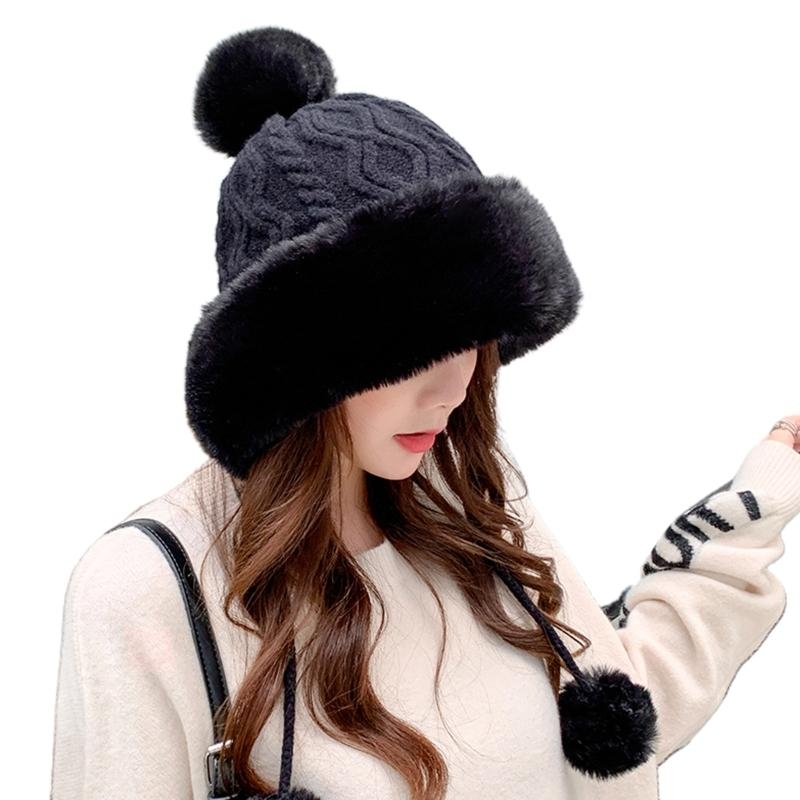 Trapper Hat Ear Flap - ผู้หญิงฤดูหนาว WARM Thicken Plush สายถักหมวกสีทึบน่ารัก Windproof